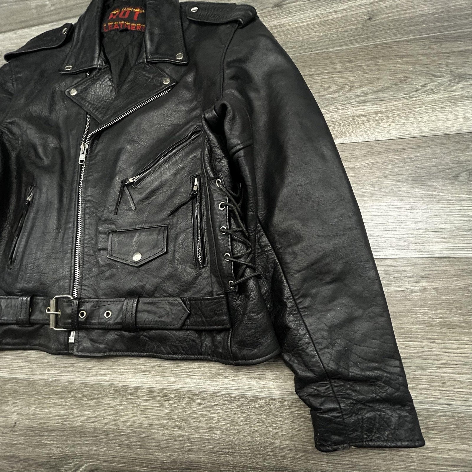 Vintage Hot Leathers Jacket Mens 50 Black Motorcycle Biker Belted Side Lace Zip 90s