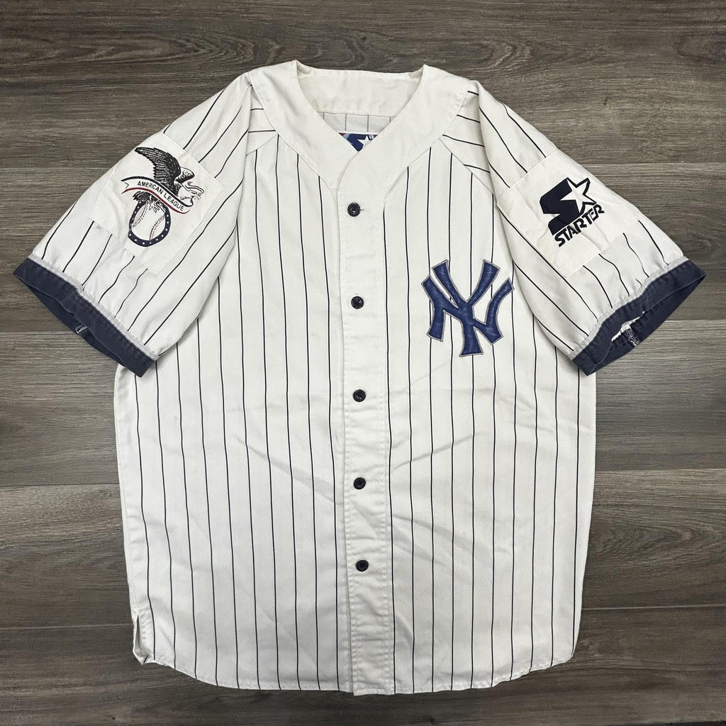 Vintage New York Yankees Jersey Mens Large White Pinstripe Baseball Starter 90s