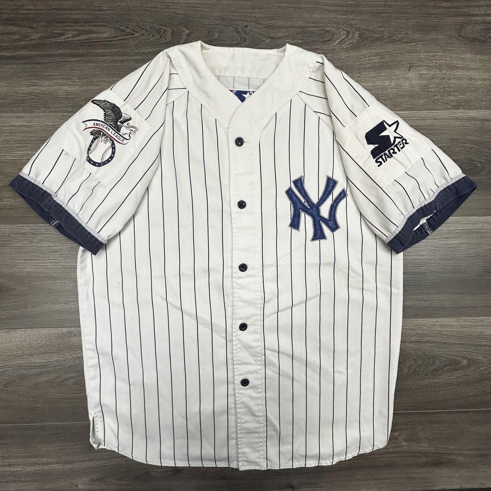 Vintage New York Yankees Jersey Mens Large White Pinstripe Baseball Starter 90s