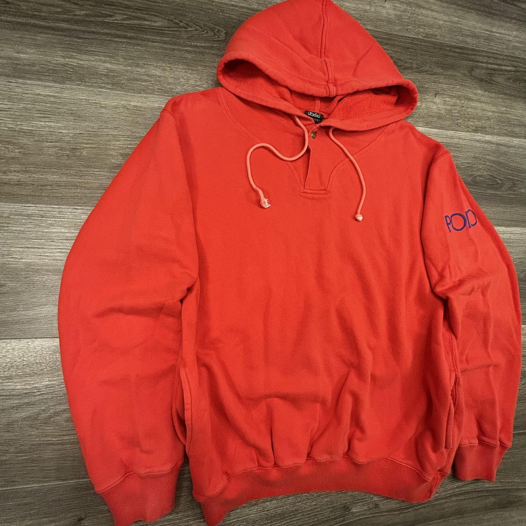 Vintage Polo Ralph Lauren Hoodie Mens M (Yth XL) Orange Henley Logo RARE 80s 90s