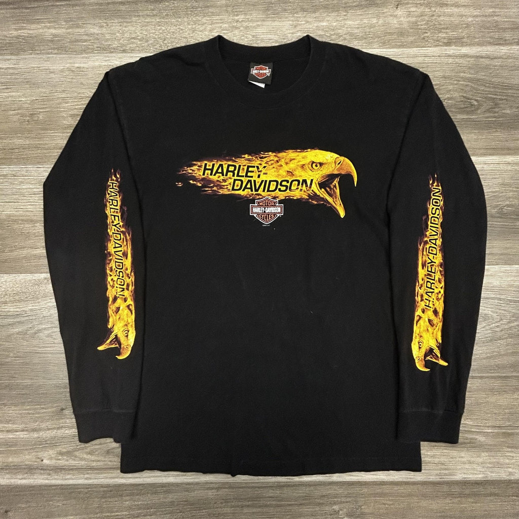 Vintage Harley Davidson Shirt Mens Large Black Long Sleeve Hit Eagle Flames USA