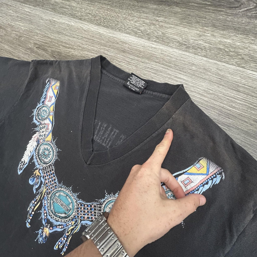 Vintage Harley Davidson Shirt Womens Large Black V-Neck Native 1993 Holoubek USA