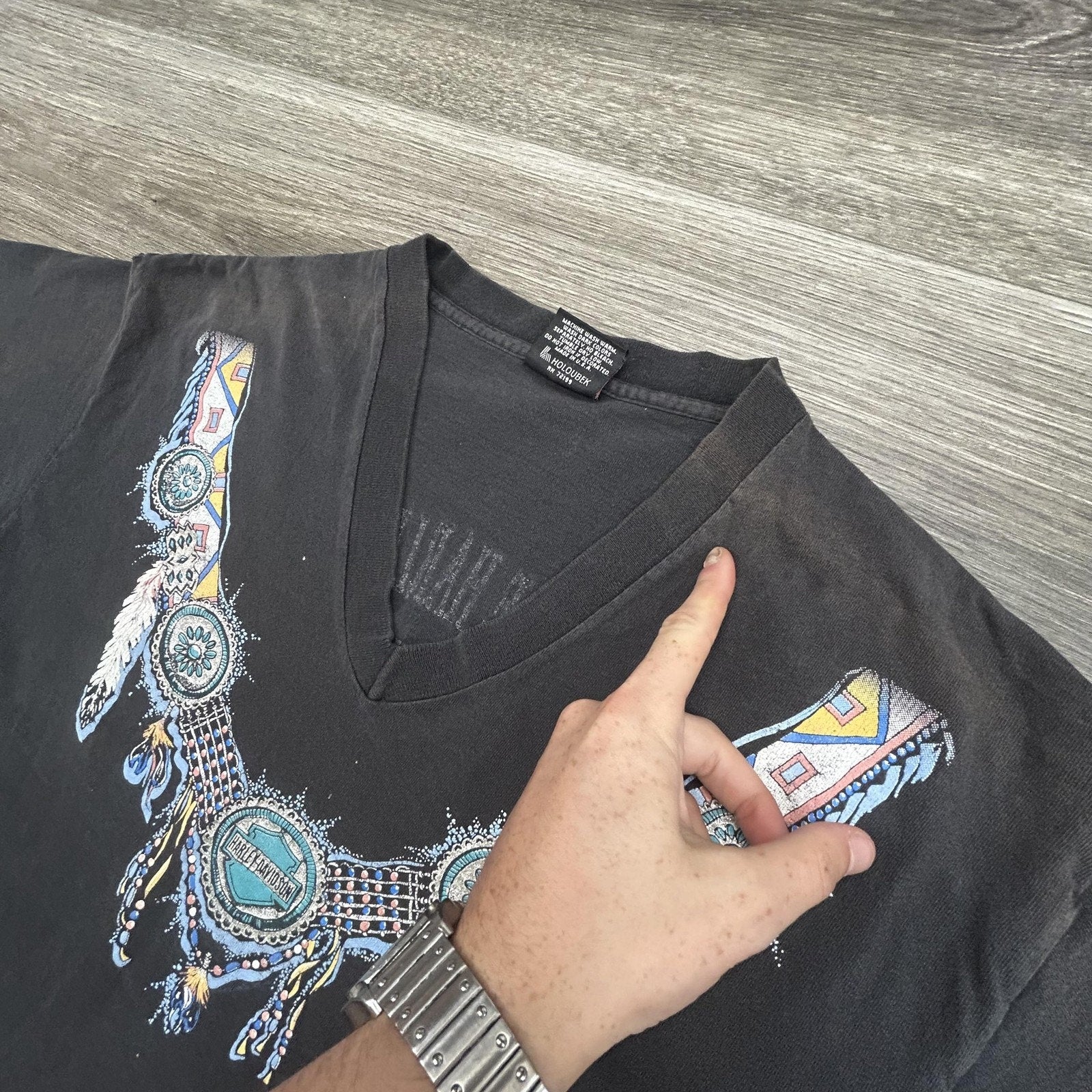 Vintage Harley Davidson Shirt Womens Large Black V-Neck Native 1993 Holoubek USA