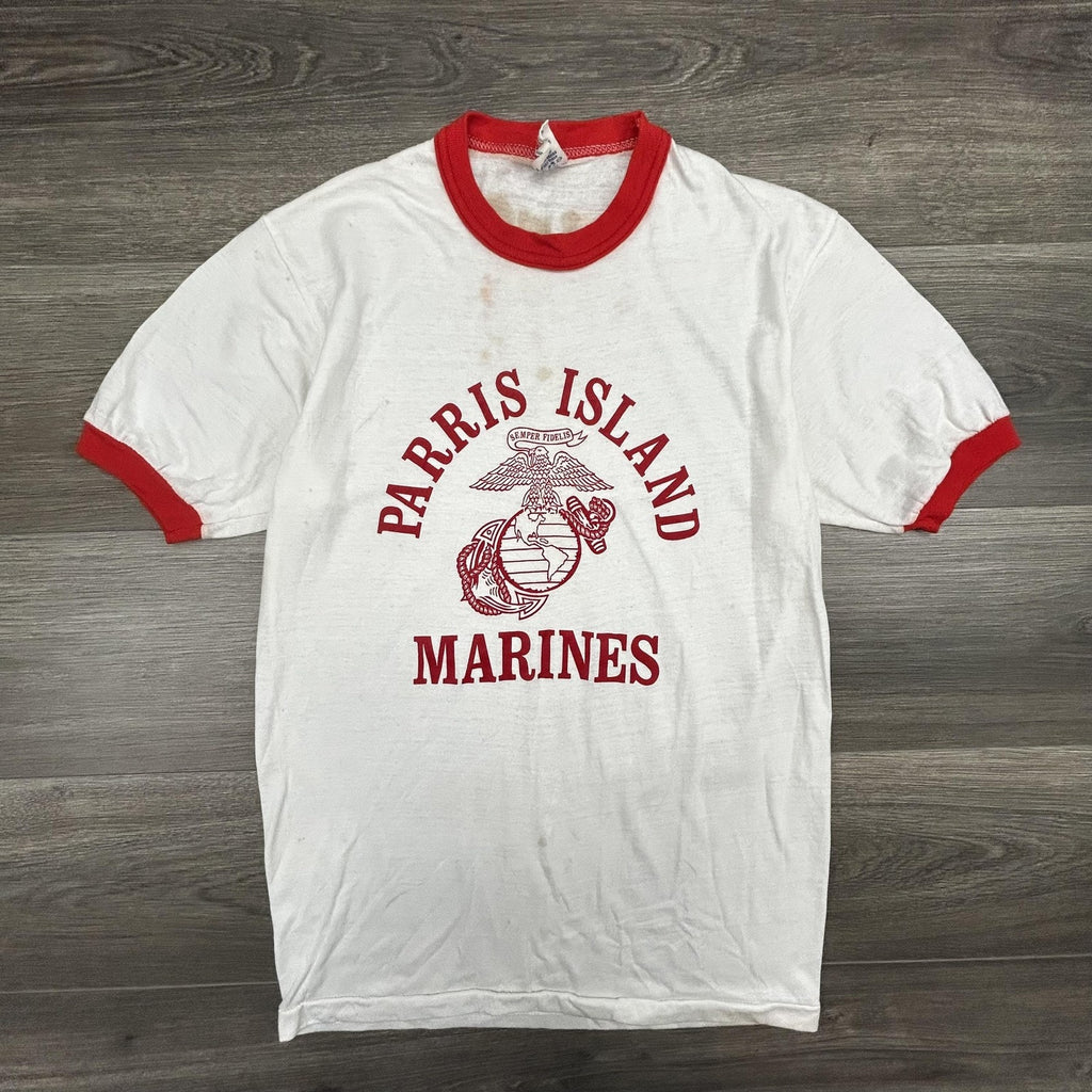 True Vintage 70s USMC Ringer Shirt Mens Medium White Parris Island Marines USA