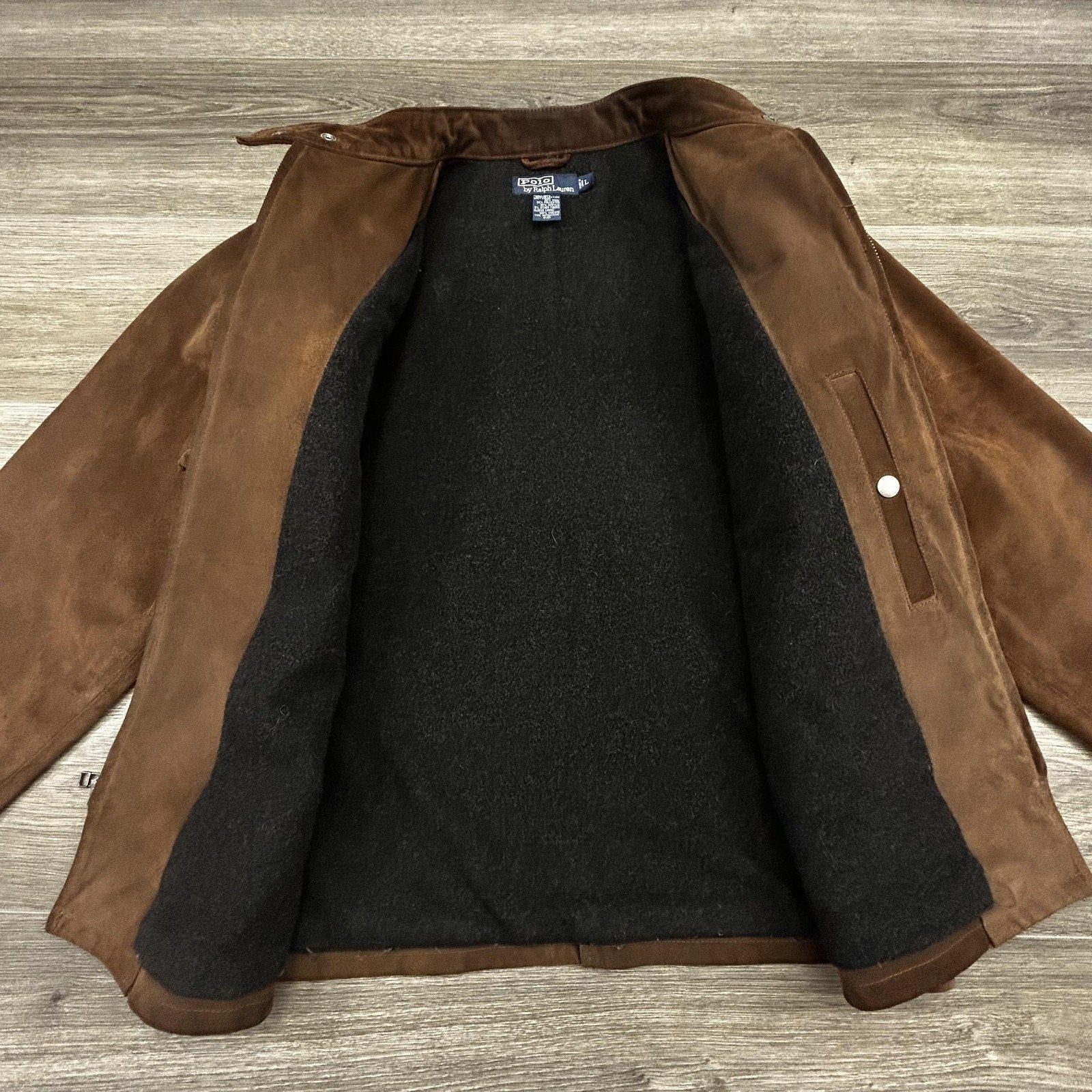 Vintage Polo Ralph Lauren Suede Leather Jacket Mens Large Brown Moto Wool Lined