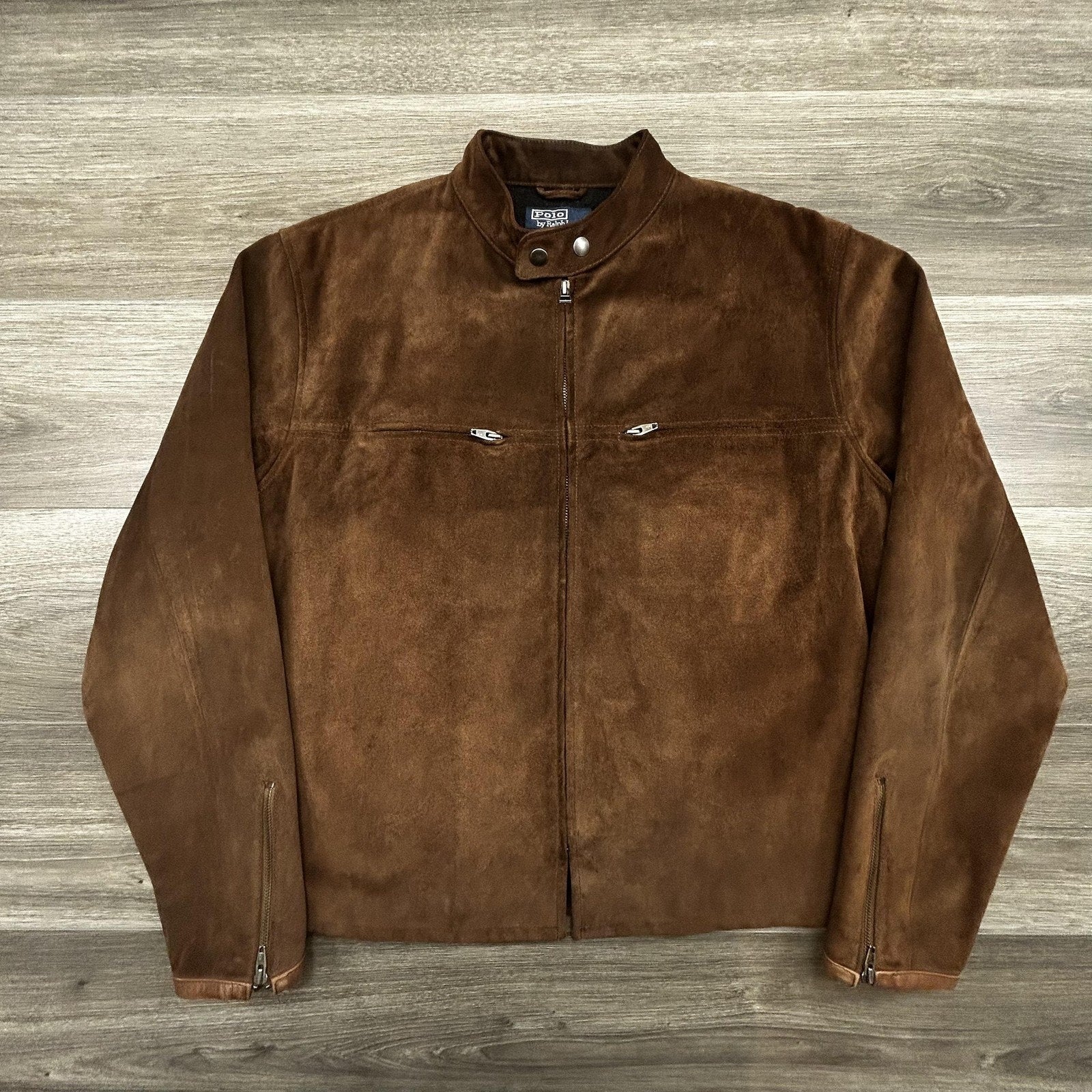 Vintage Polo Ralph Lauren Suede Leather Jacket Mens Large Brown Moto Wool Lined