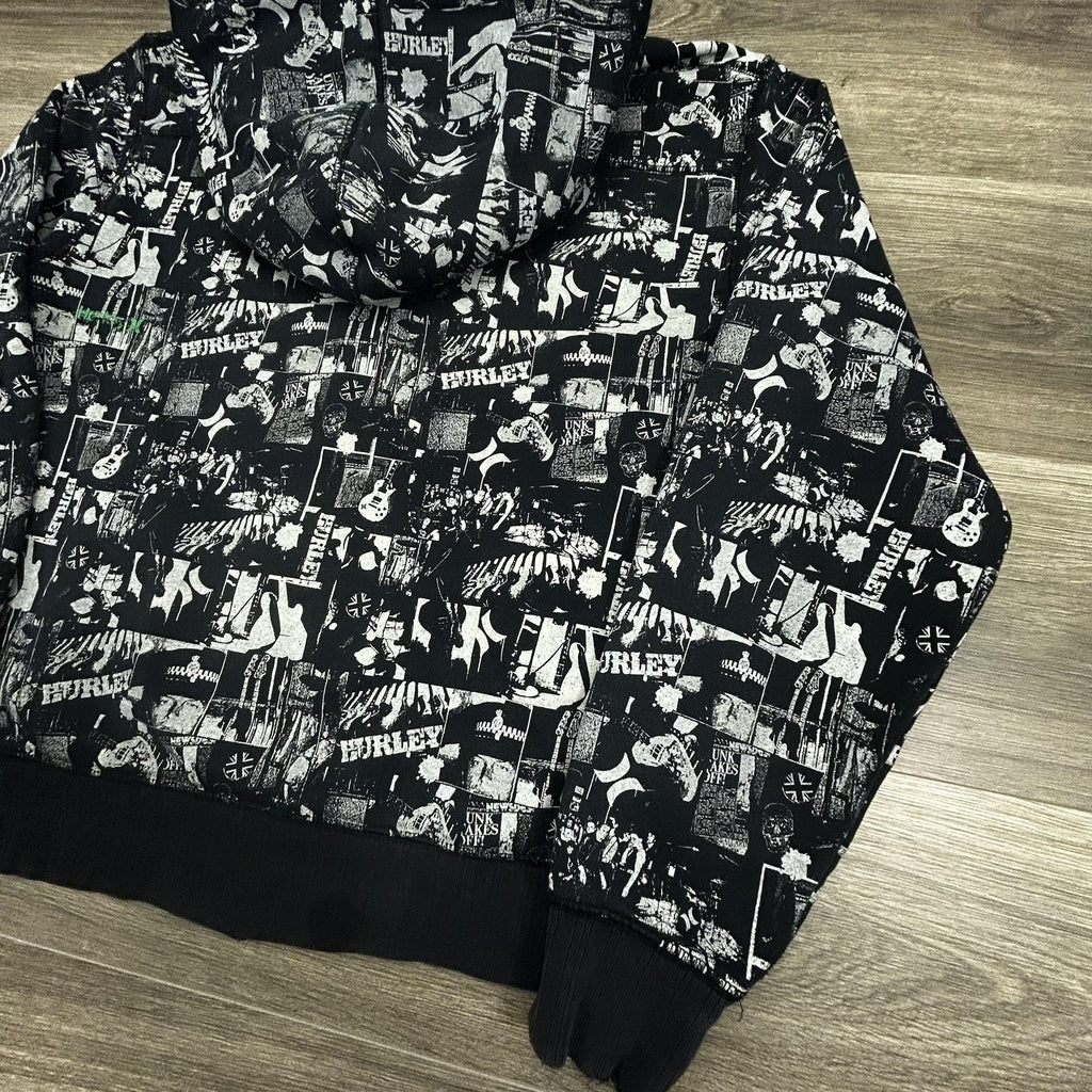 Vintage Hurley Hoodie Mens Large Black AOP Full Zip Music Rock Skate Surf Y2K