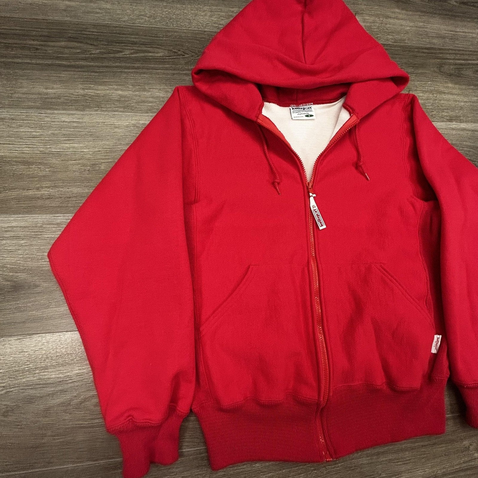 Vintage Kellsport Full Zip Hoodie Mens Small Red Knit Thermal Lined Waffle USA