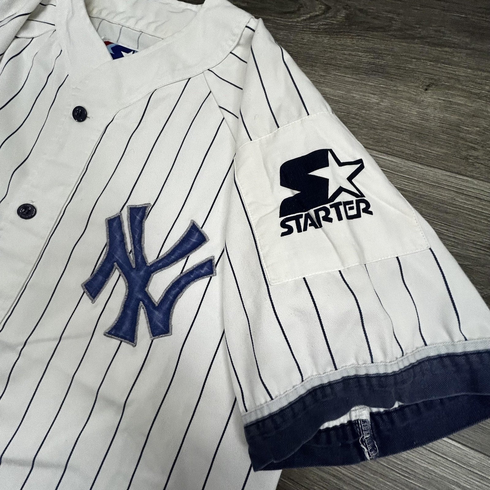 Vintage New York Yankees Jersey Mens Large White Pinstripe Baseball Starter 90s