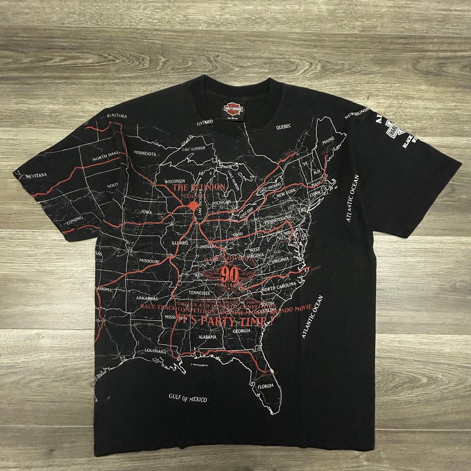 Vintage Harley Davidson Shirt Mens Large Black USA Map AOP Holoubek 1992 90s