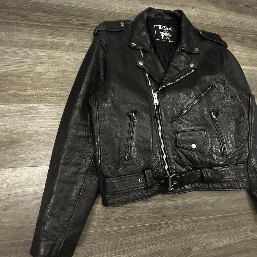Vintage Leather Motorcycle Jacket Mens 44 Black Belted Zip Punk Grunge LA 90s