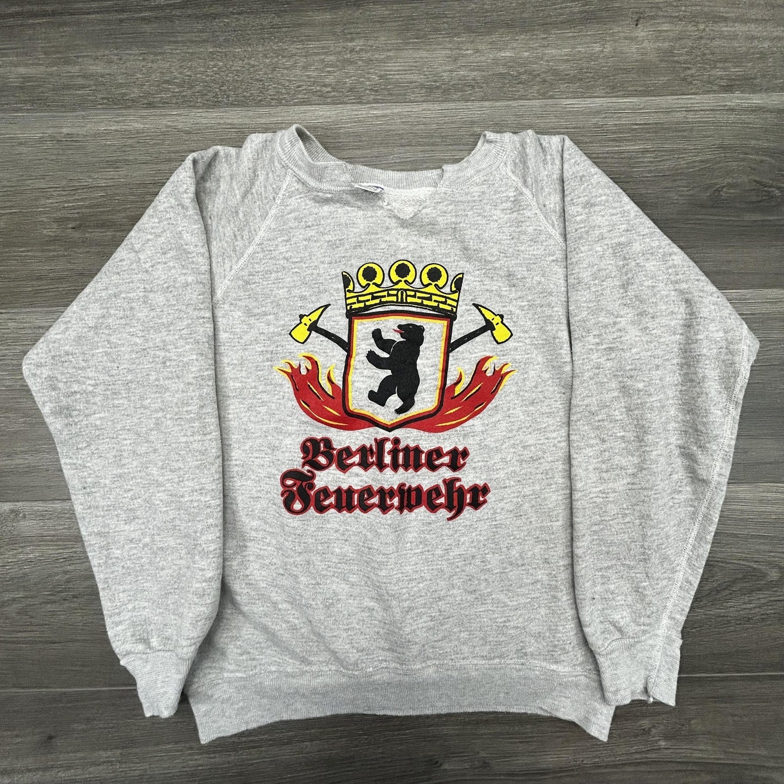 Vintage Champion Blue Bar Sweatshirt Mens Medium Gray Berlin Fire Dept Bear 70s