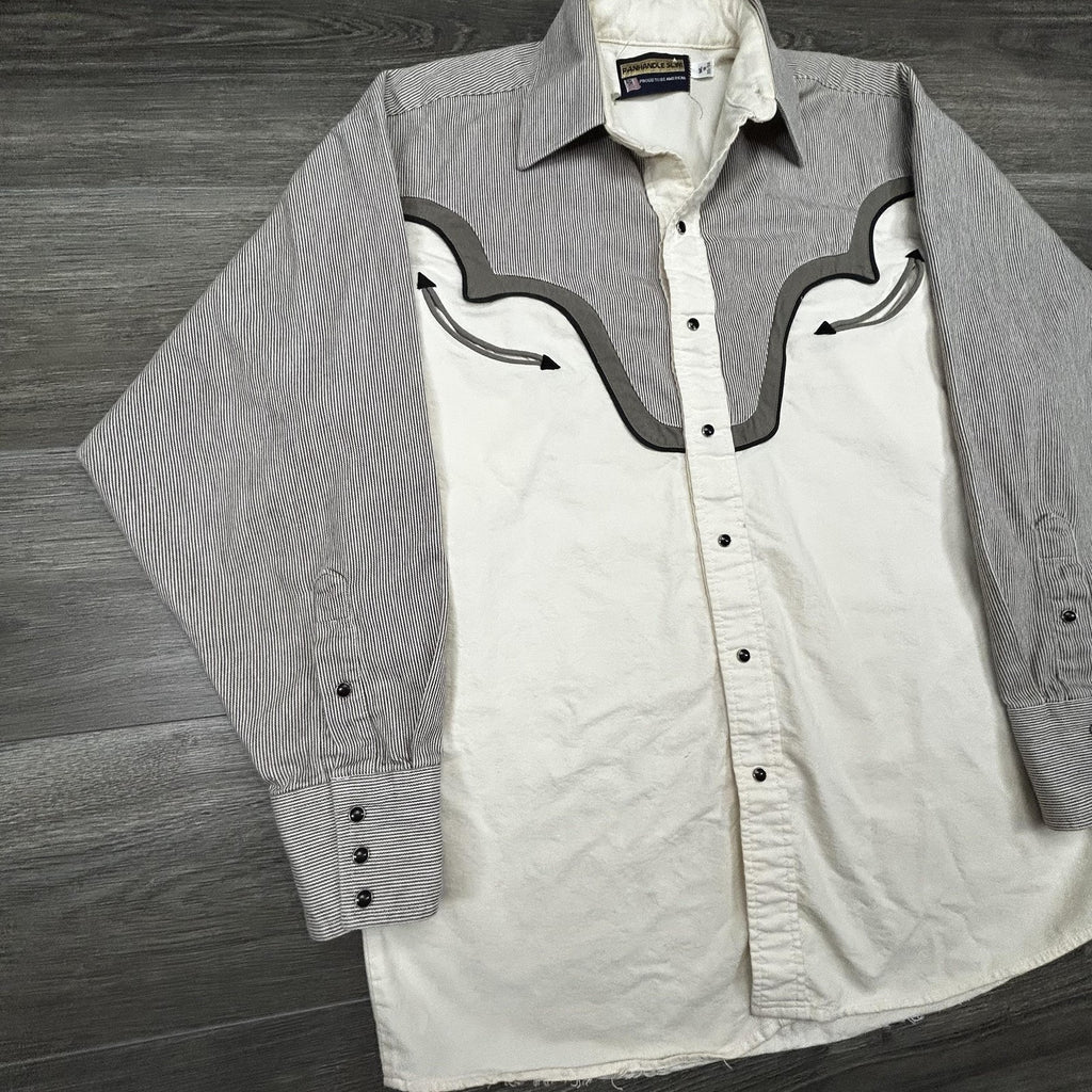 Vintage Panhandle Slim Pearl Snap Shirt Mens Medium White Smile Pocket 80s USA