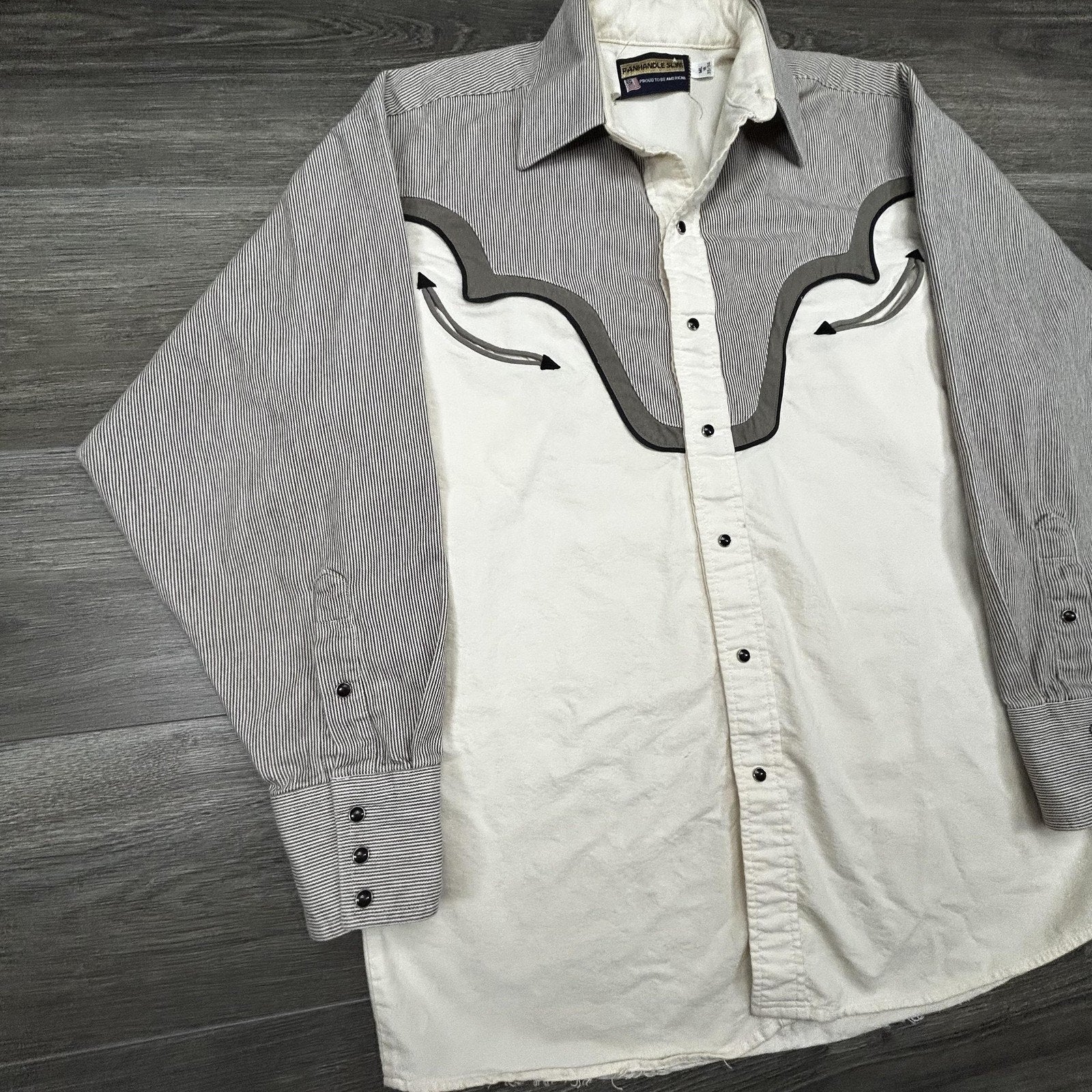 Vintage Panhandle Slim Pearl Snap Shirt Mens Medium White Smile Pocket 80s USA
