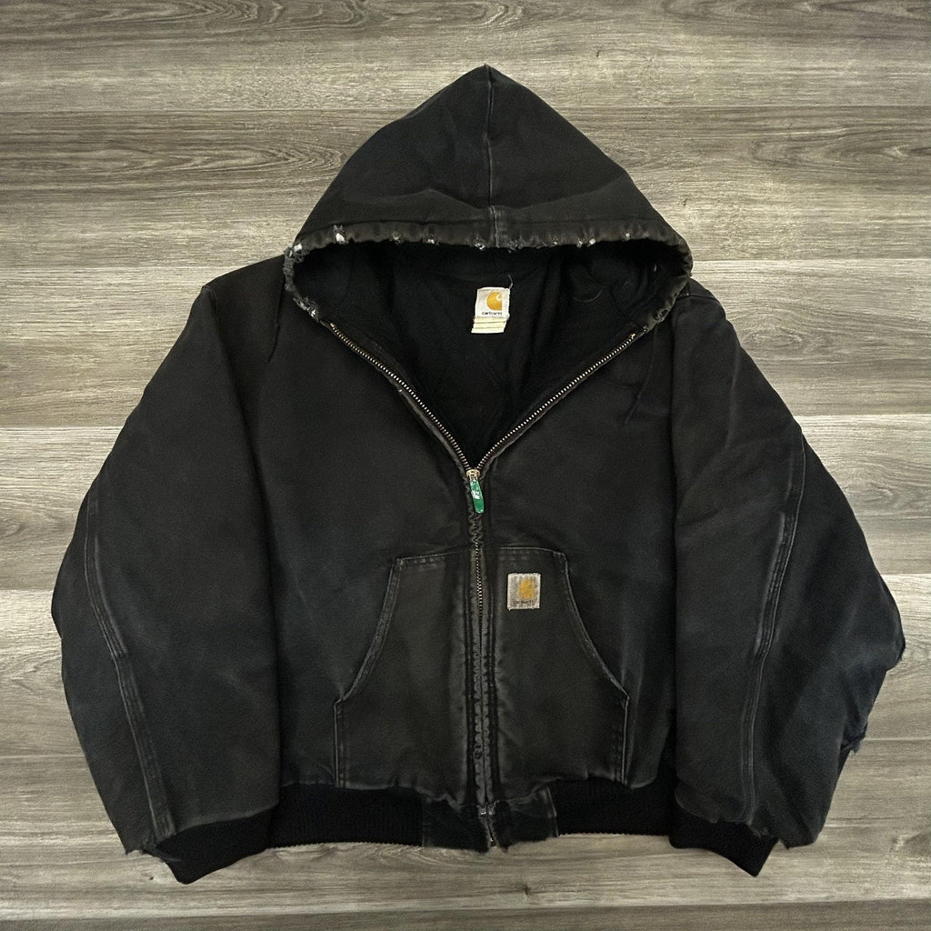 Vintage Carhartt Jacket Mens 2XL Black Hooded Canvas Faded Thrashed J04 BLK 90s