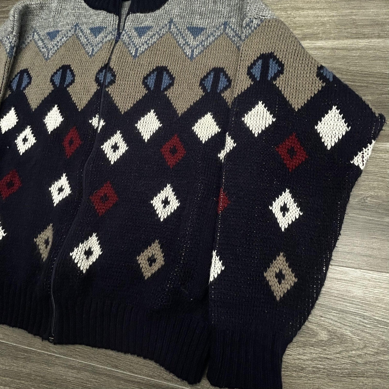 Vintage Sheep's Wool Sweater Mens Extra Large Navy Full Zip Made in Italy 90s