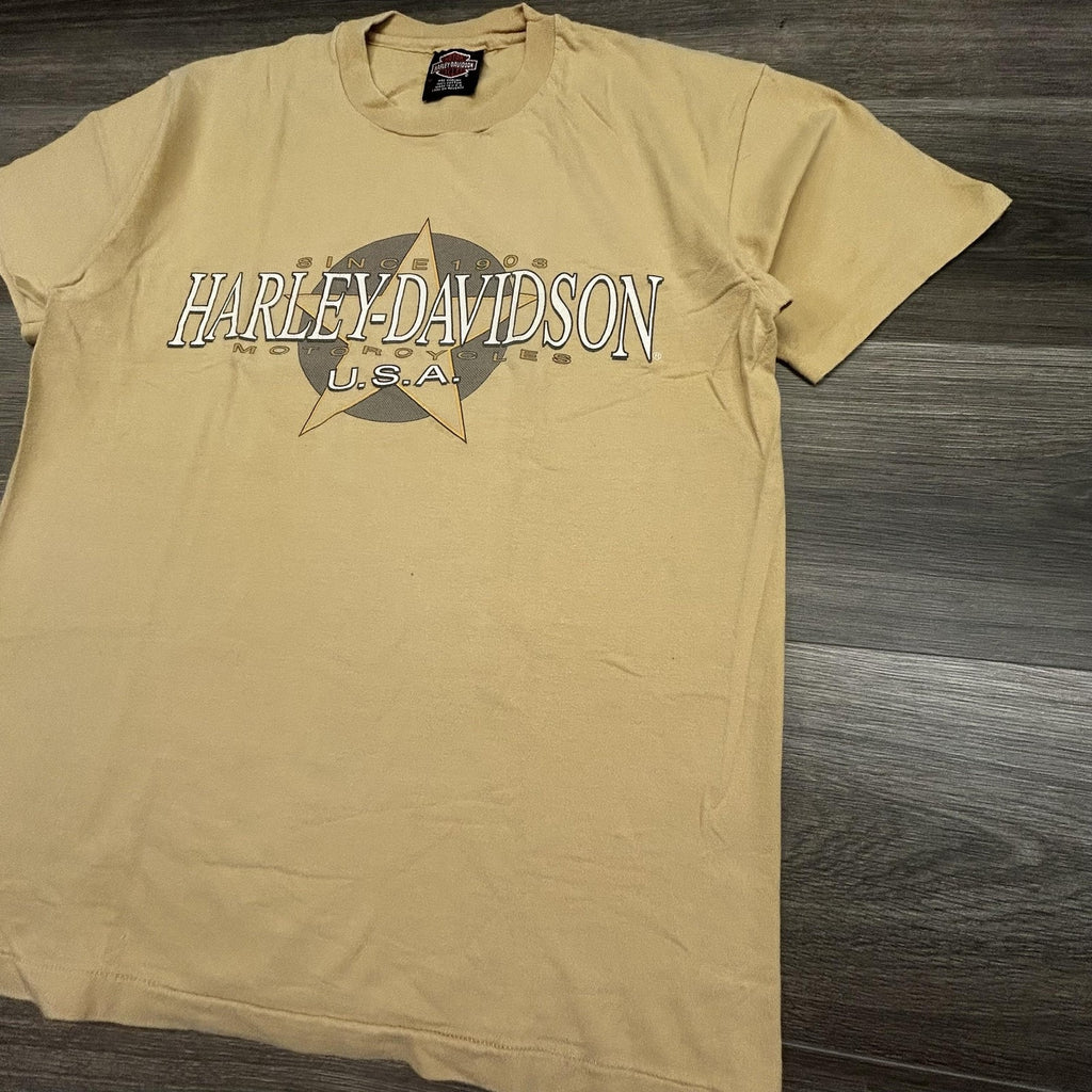 Vintage Harley Davidson Shirt Mens Medium Tan Eagle Single Stitch 1997 90s USA