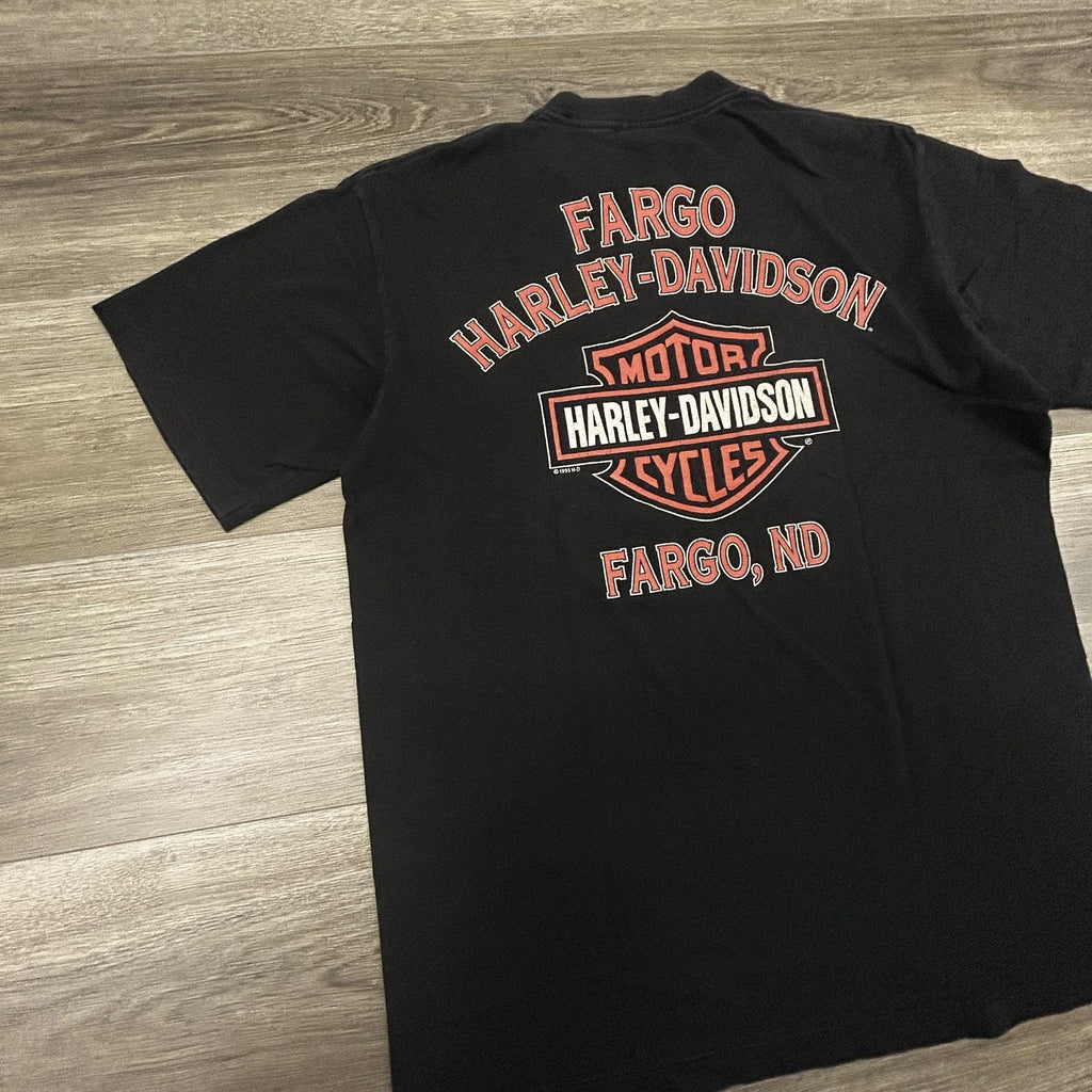 Vintage Harley Davidson Shirt Mens Large Black Pocket Flame Skull Single 90s USA