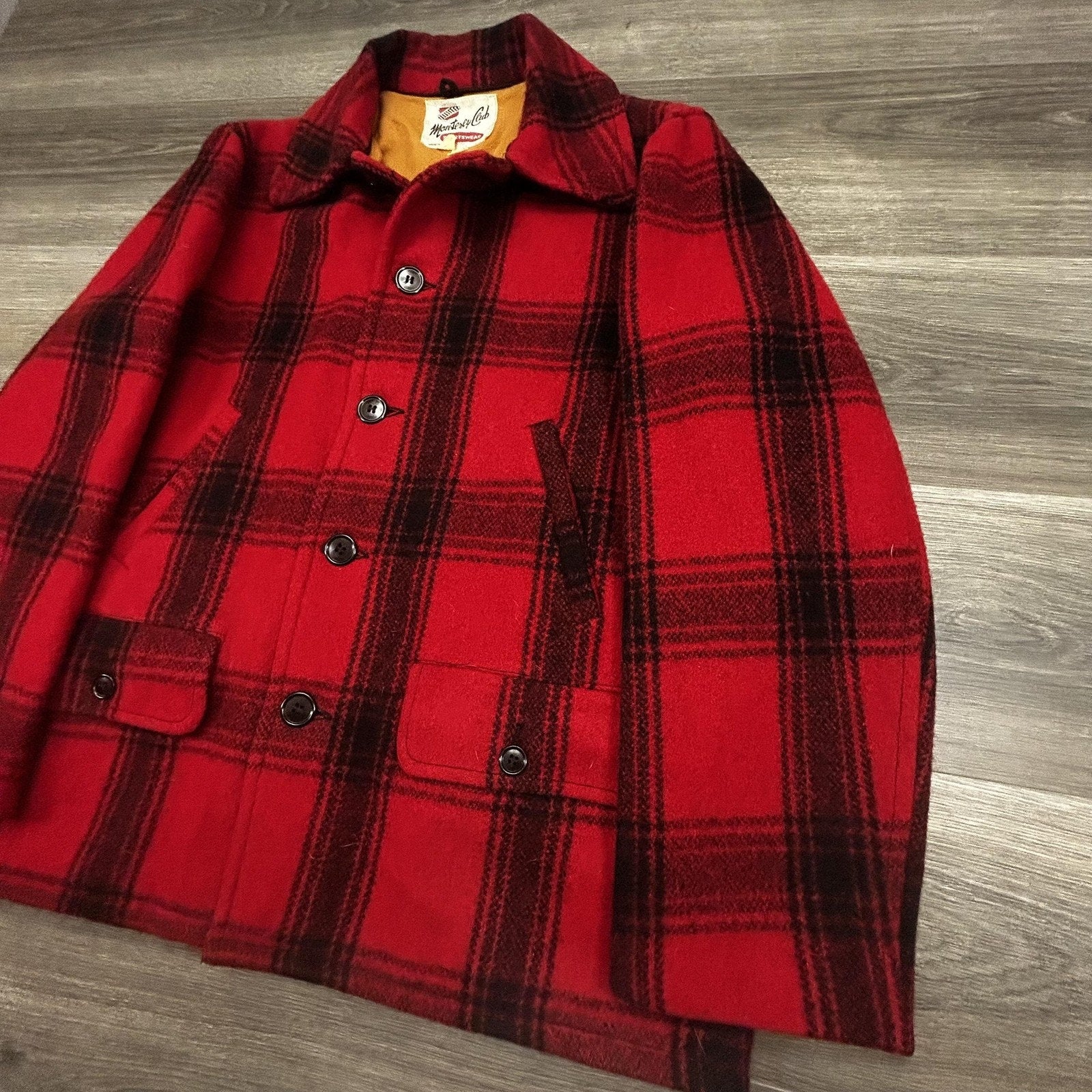Vintage 50s Monterey Club Wool Coat Mens 40 buffalo Plaid Hunting Mackinaw USA