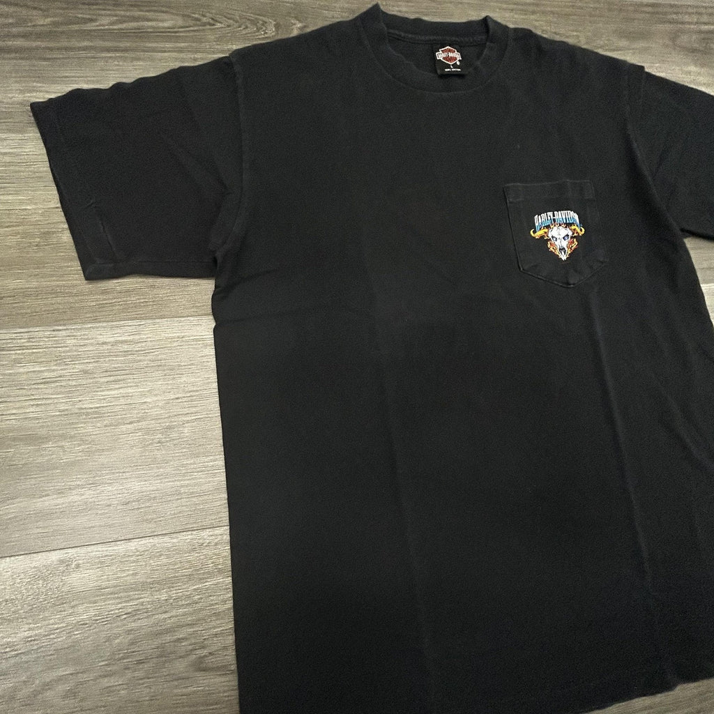 Vintage Harley Davidson Shirt Mens Large Black Pocket Flame Skull Single 90s USA