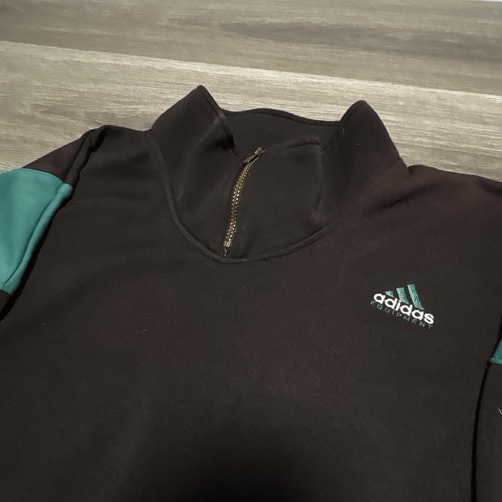 Vintage Adidas Sweatshirt Mens 2XL Black Teal 1/4 Zip Striped Center Logo 90s