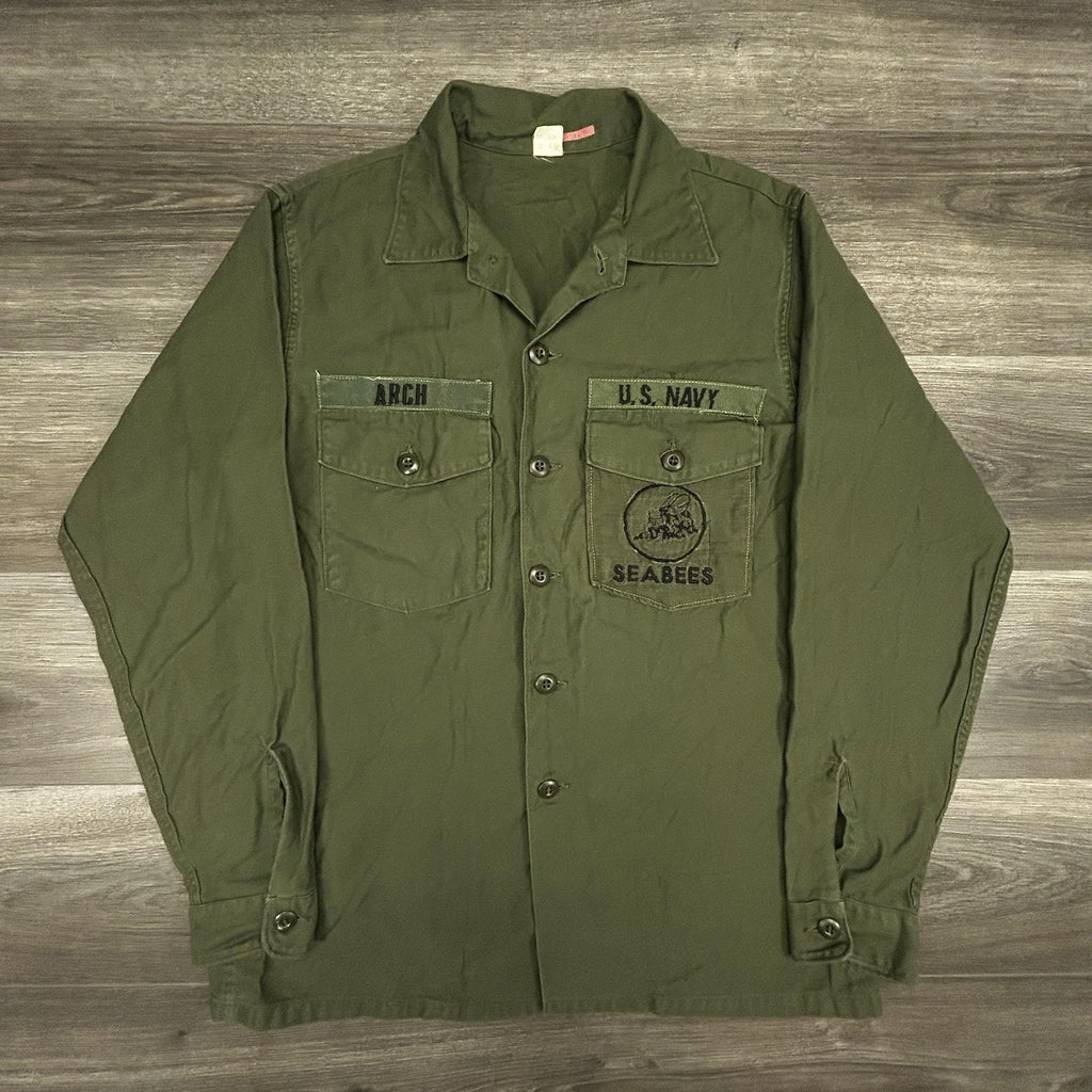 Vintage US Navy Vietnam Shirt Mens LT Green Utility OG-507 Military Seabees 70s