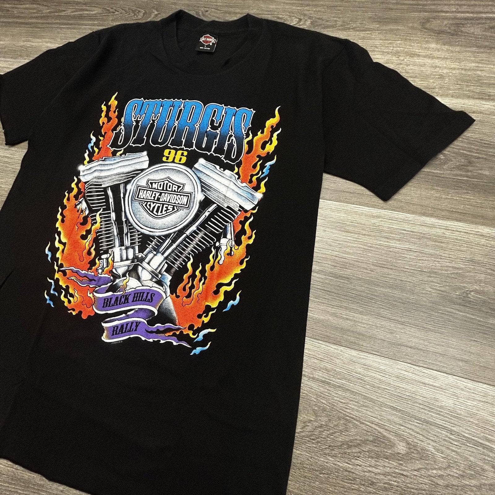 Vintage Harley Davidson Sturgis Shirt Mens Large Black Flames Single Stitch 90s