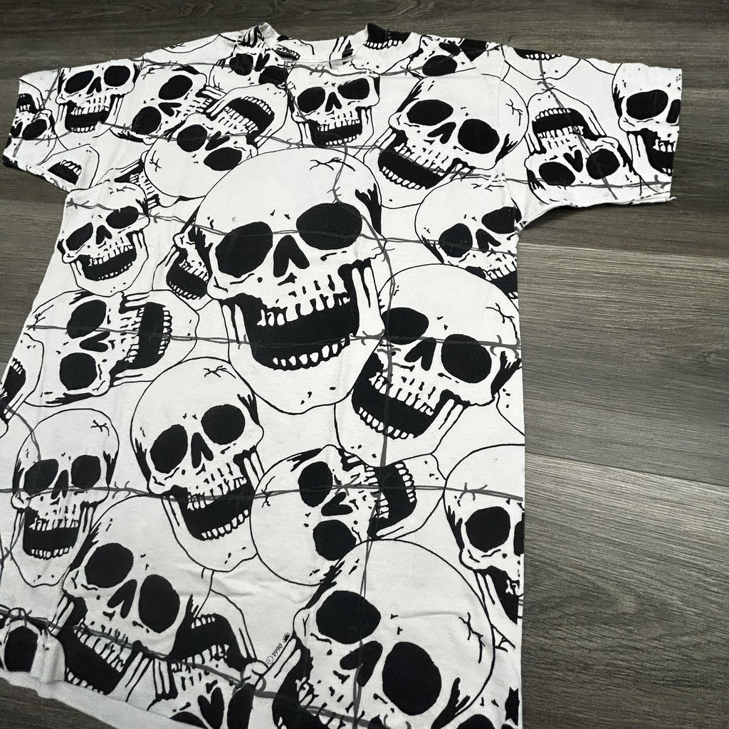 Vintage Skull AOP Shirt Mens Large White Solar-T Biker Punk Single Stitch 90s