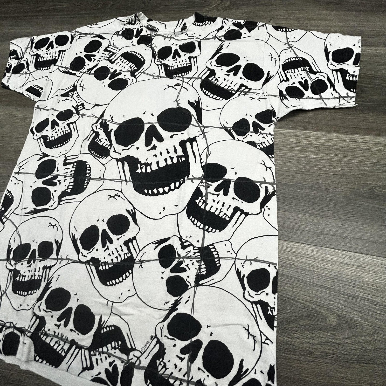 Vintage Skull AOP Shirt Mens Large White Solar-T Biker Punk Single Stitch 90s