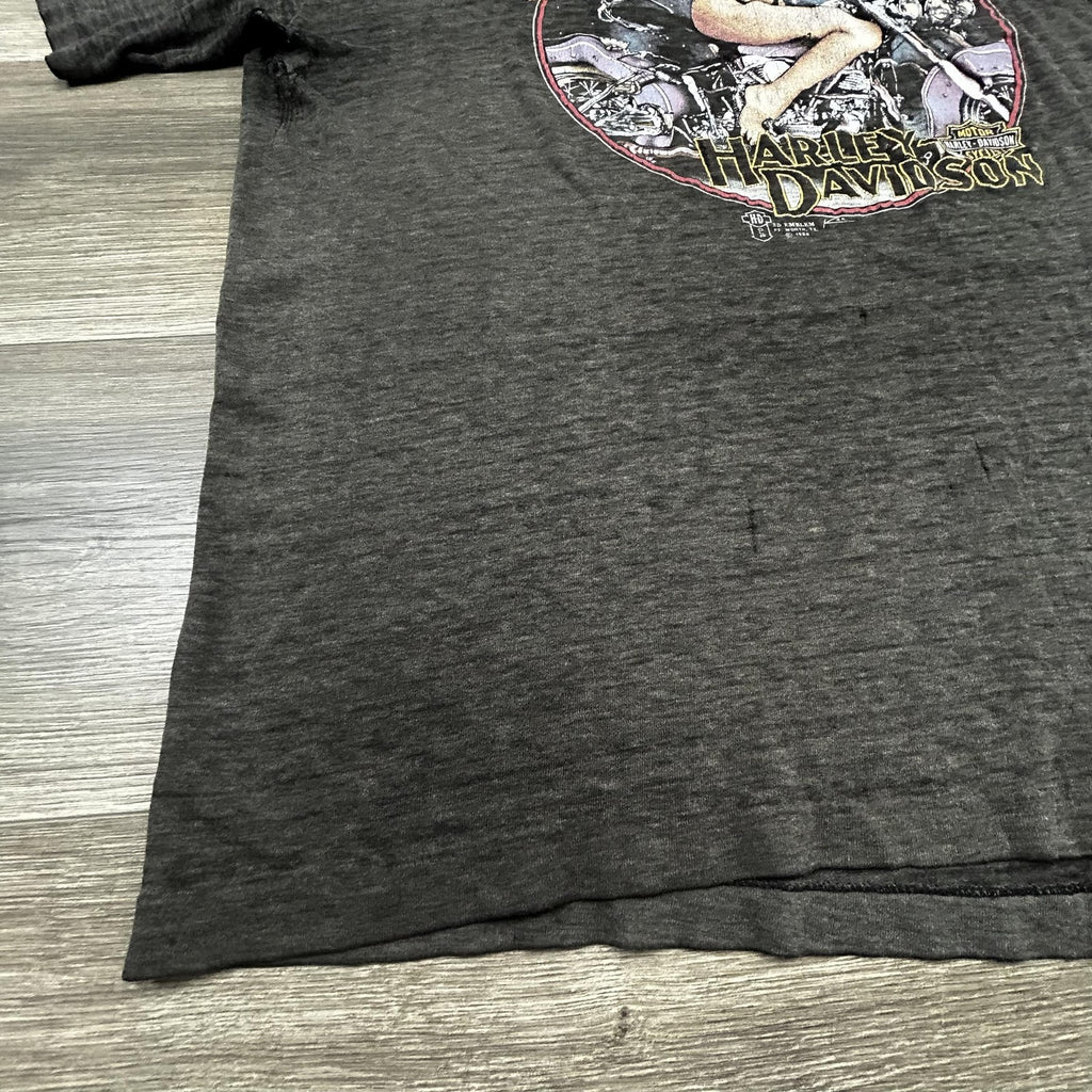 Vintage Harley Davidson 3D Emblem Shirt Medium Pinup Girl Faded Thrashed 80s USA