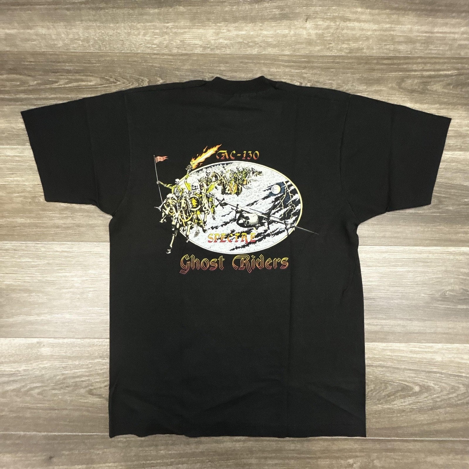 Vintage Ghost Riders Shirt Mens Large Black AC-130 Spectre Military Skeleton USA