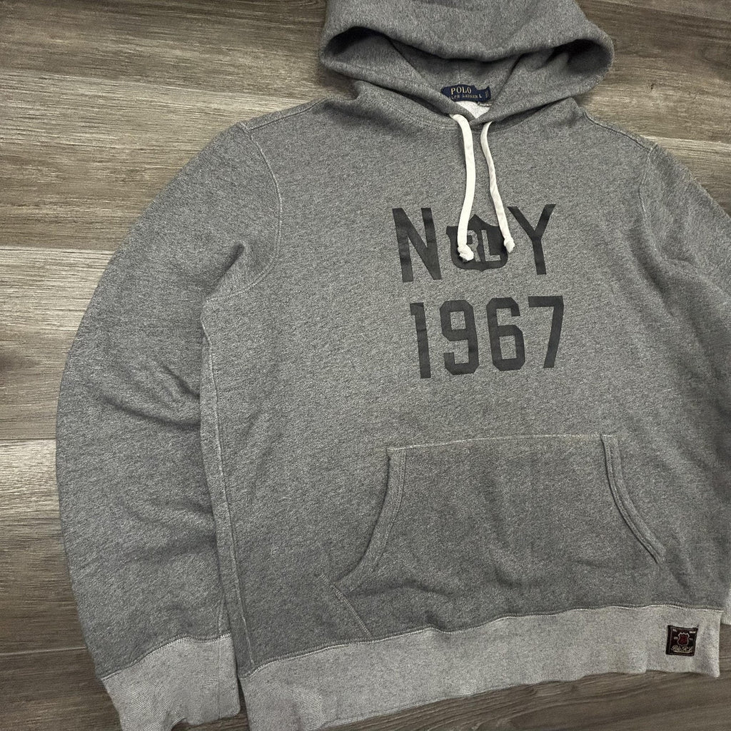 Polo Ralph Lauren Hoodie Mens Large Gray New York NY 1967 Graphic Logo Two Tone