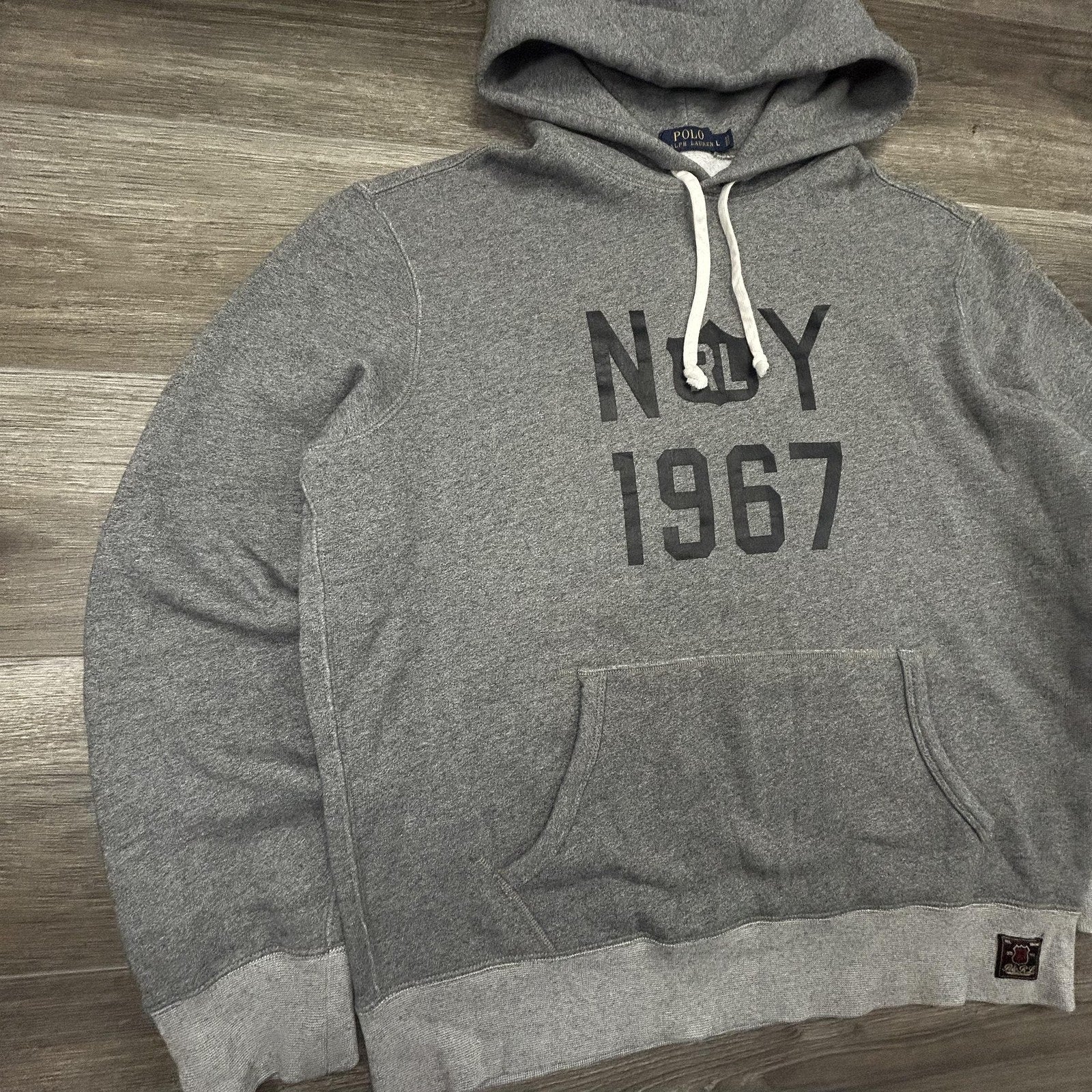 Polo Ralph Lauren Hoodie Mens Large Gray New York NY 1967 Graphic Logo Two Tone