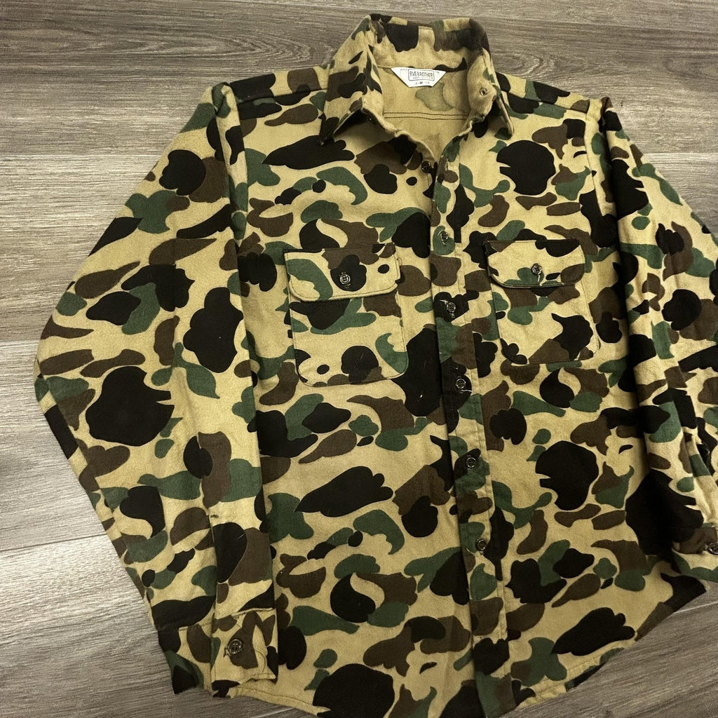 Vintage 70s Duck Camo Chamois Cloth Shirt Mens Medium Five Brothers Made in USA