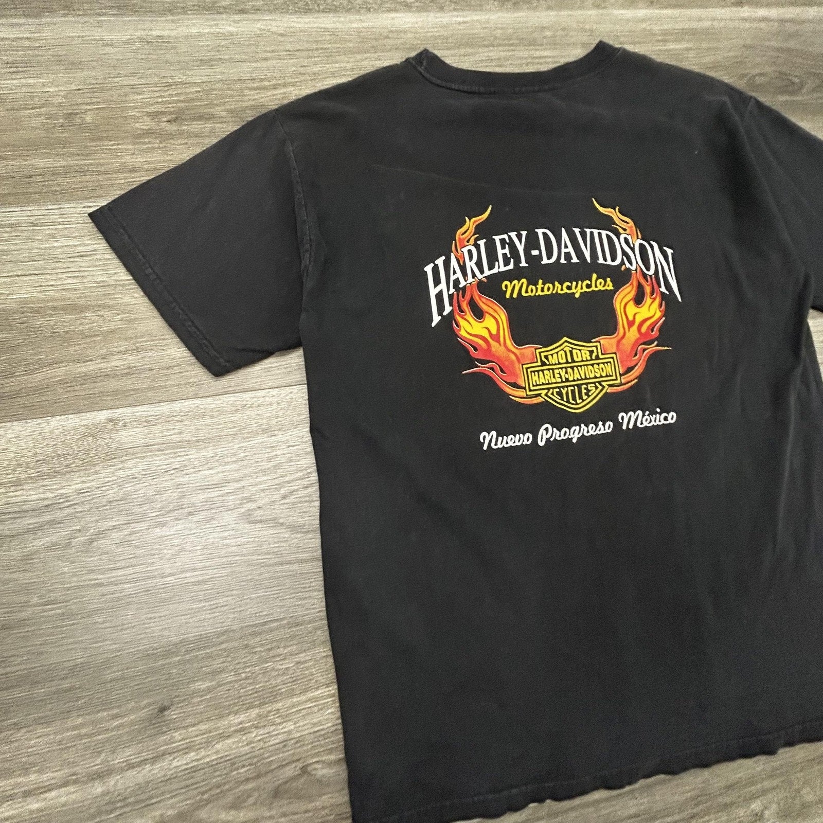 Vintage Harley Davidson Shirt Mens Medium Black Flames Mexico Biker 90s Faded