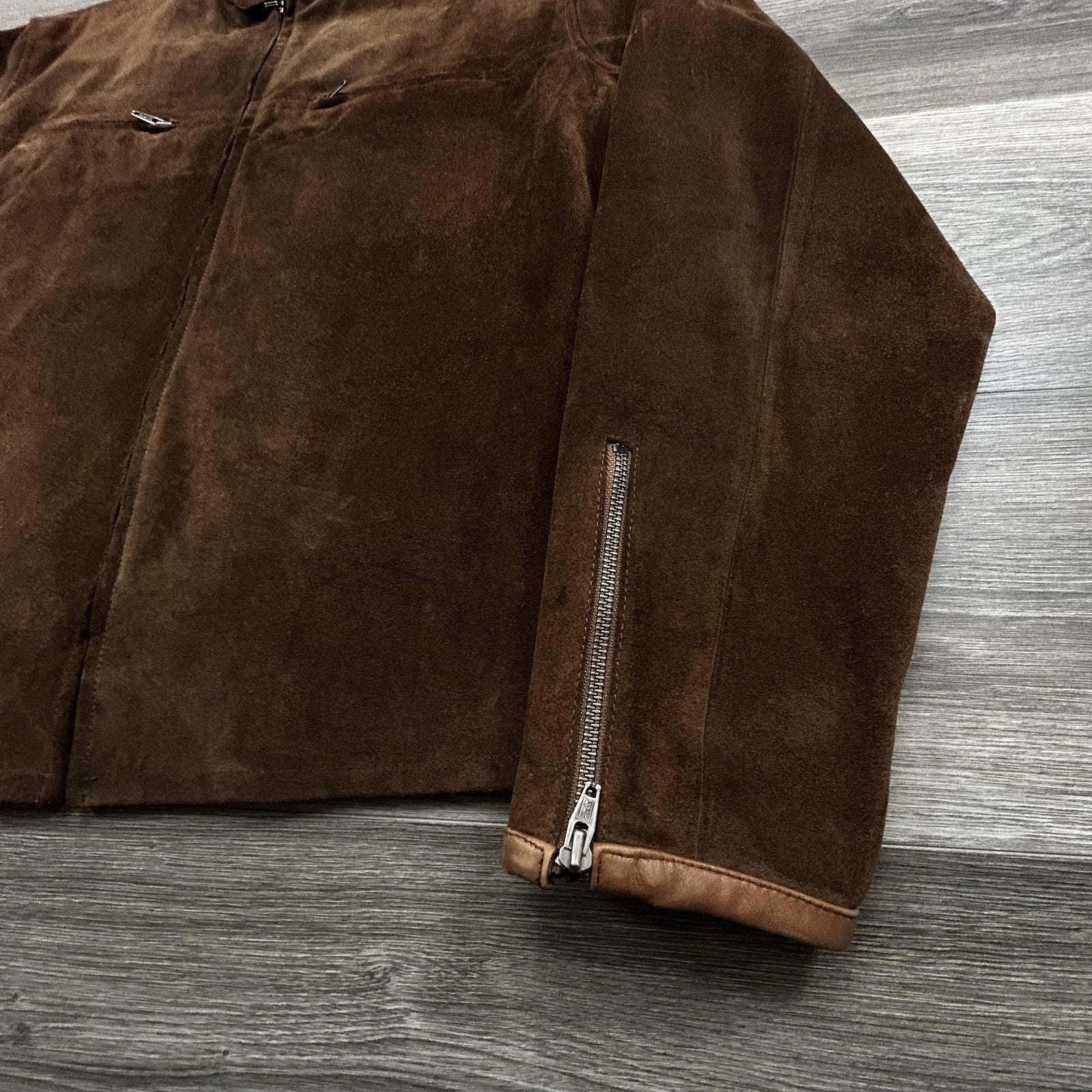 Vintage Polo Ralph Lauren Suede Leather Jacket Mens Large Brown Moto Wool Lined