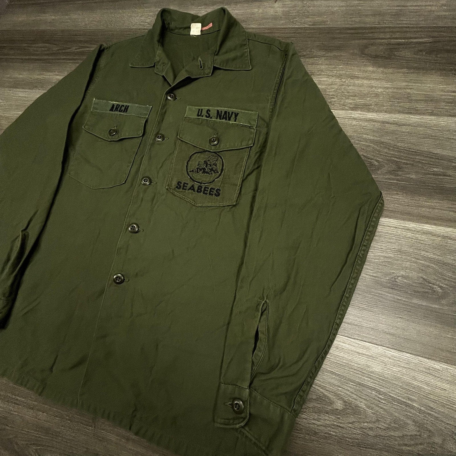 Vintage US Navy Vietnam Shirt Mens LT Green Utility OG-507 Military Seabees 70s