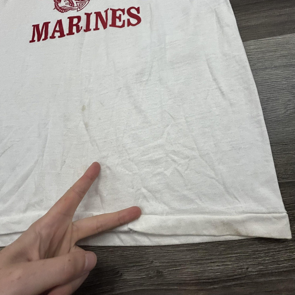 True Vintage 70s USMC Ringer Shirt Mens Medium White Parris Island Marines USA