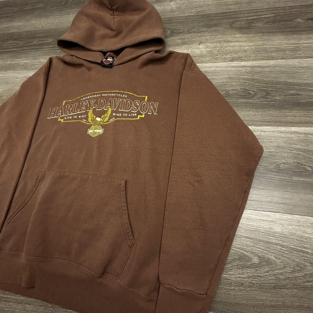 Vintage Harley-Davidson Hoodie Mens XL Brown Fleece Pullover Eagle Graphic Y2K