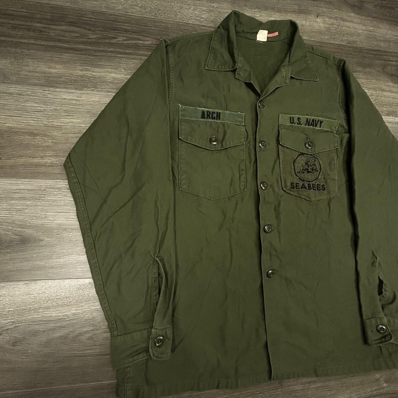 Vintage US Navy Vietnam Shirt Mens LT Green Utility OG-507 Military Seabees 70s