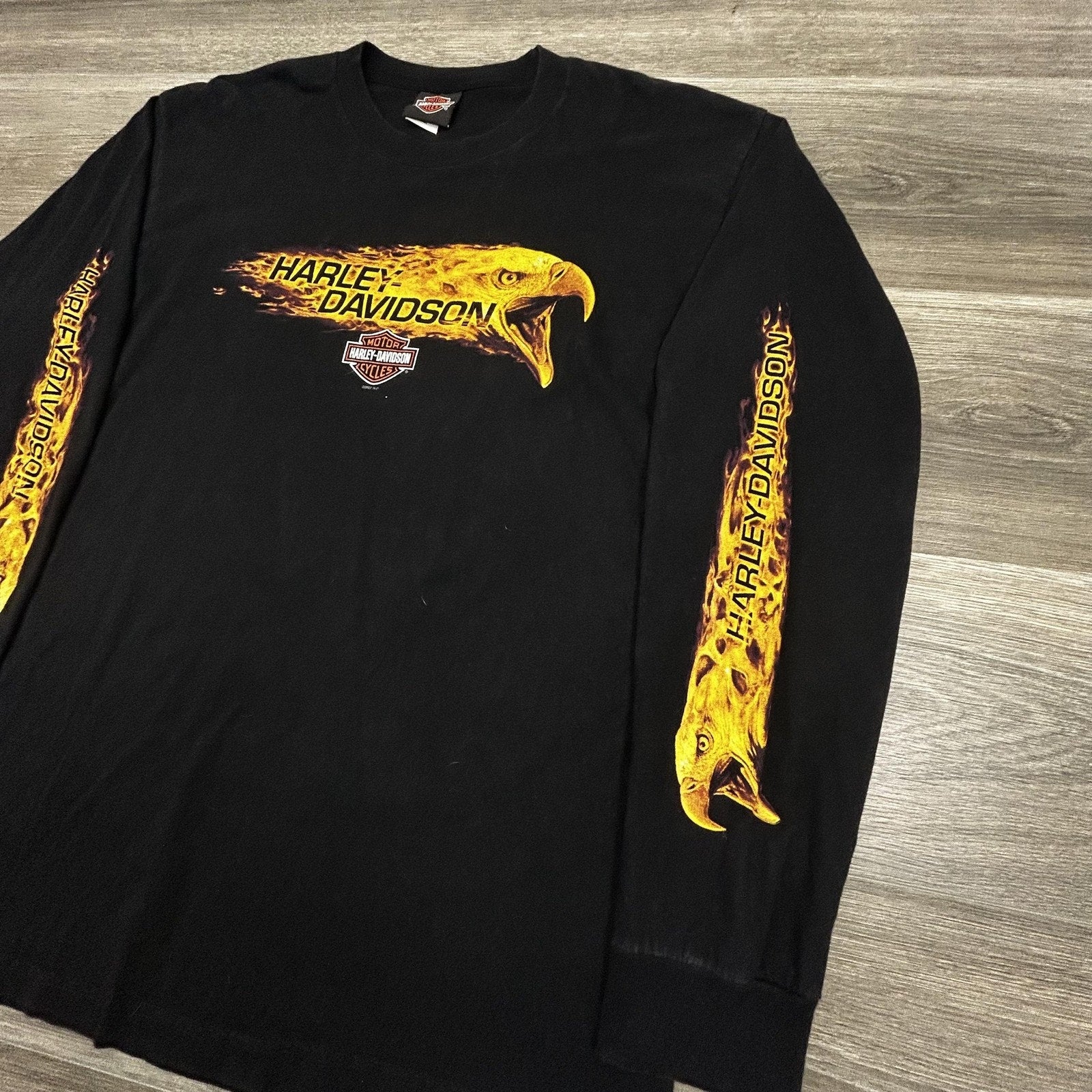 Vintage Harley Davidson Shirt Mens Large Black Long Sleeve Hit Eagle Flames USA