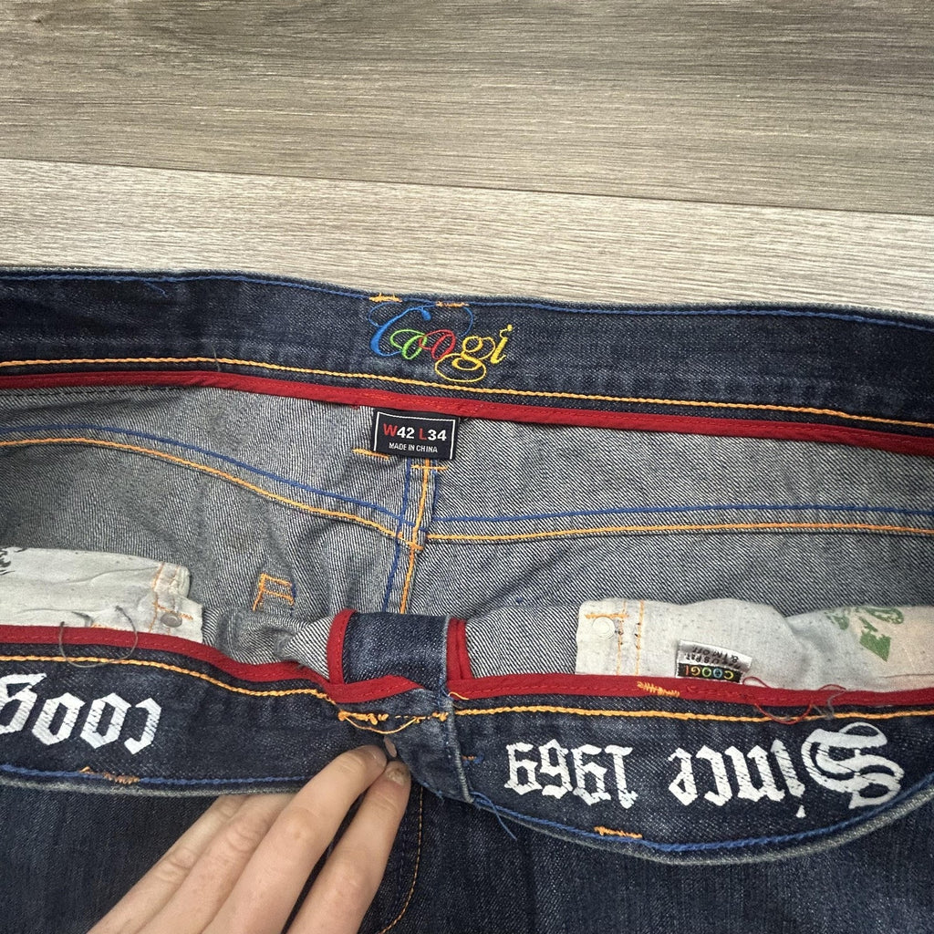 Vintage Coogi Jeans Mens 40x32 Dark Wash Baggy Wide Leg Embroidered Pockets Y2K
