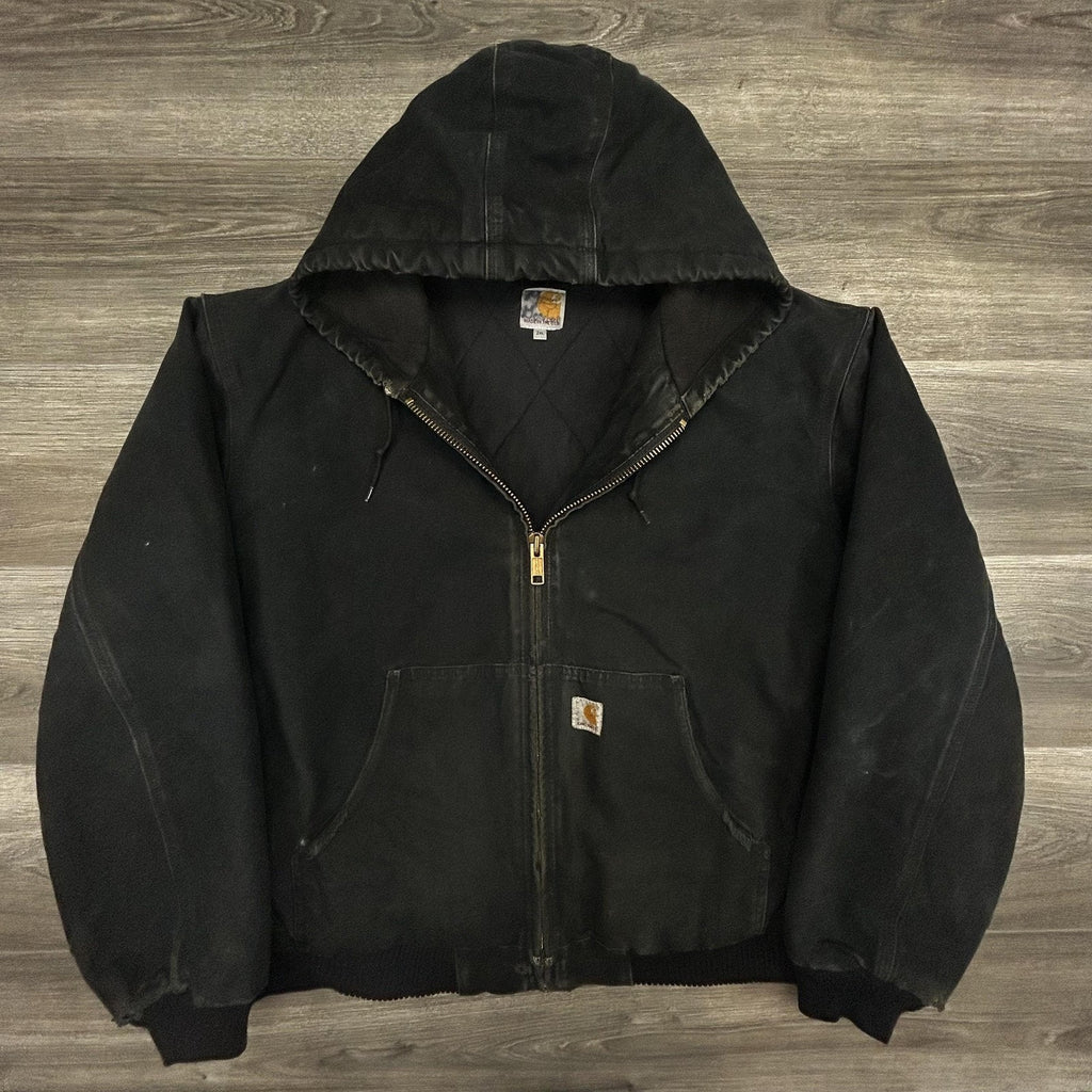 Vintage Carhartt Jacket Mens 2XL Black Hooded Canvas Bomber USA Workwear 90s