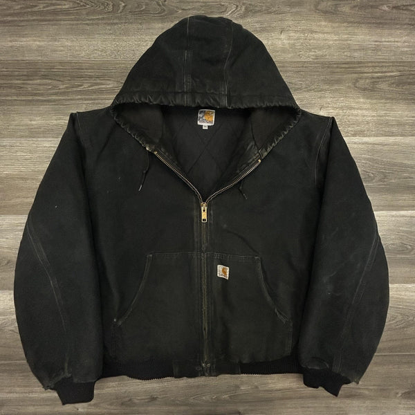 Vintage Carhartt Jacket Mens 2XL Black Hooded Canvas Bomber USA Workwear 90s