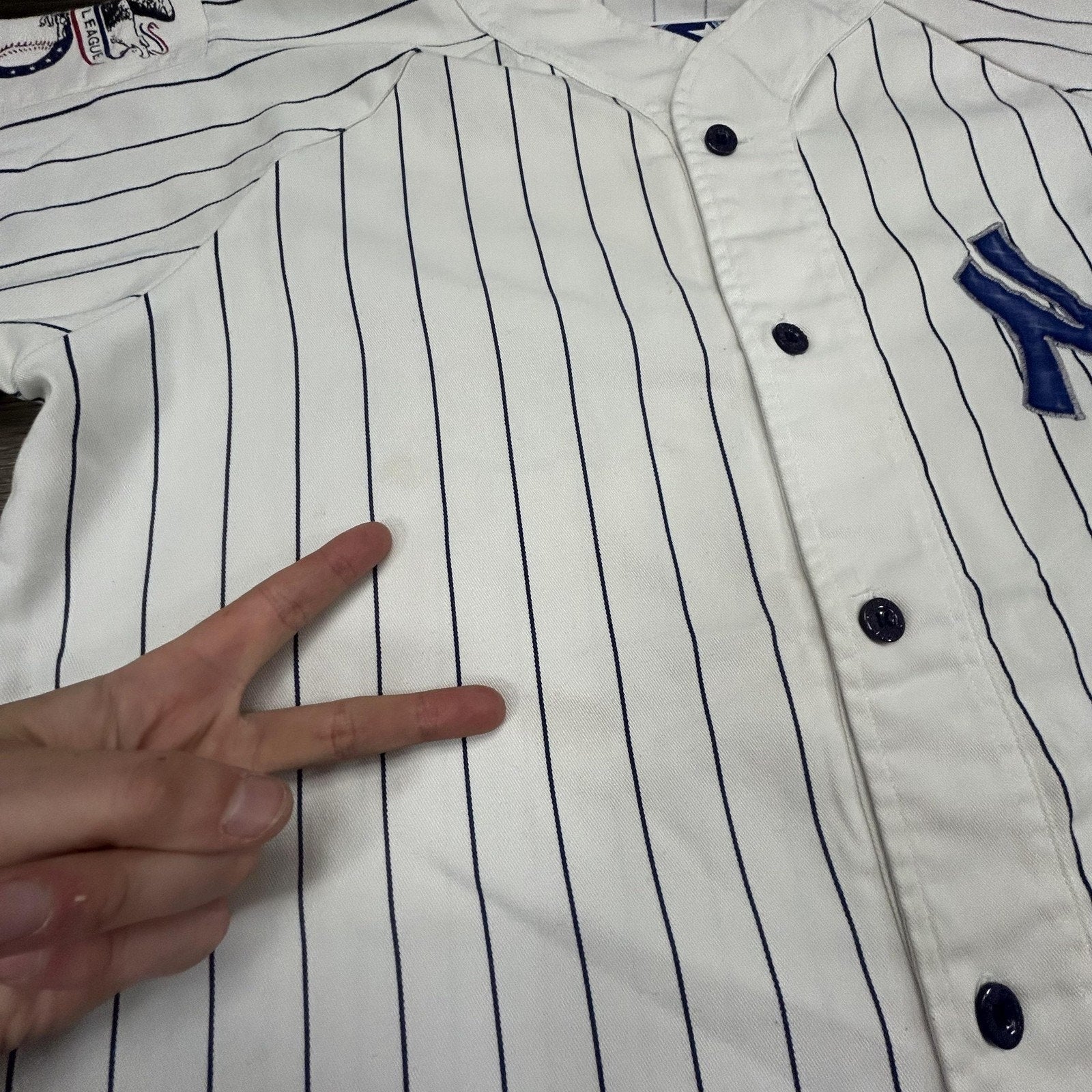 Vintage New York Yankees Jersey Mens Large White Pinstripe Baseball Starter 90s