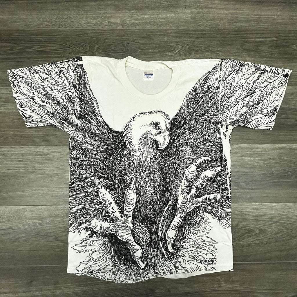 Vintage 90s Bald Eagle Shirt Mens Large White AOP Single Stitch Made USA 1992