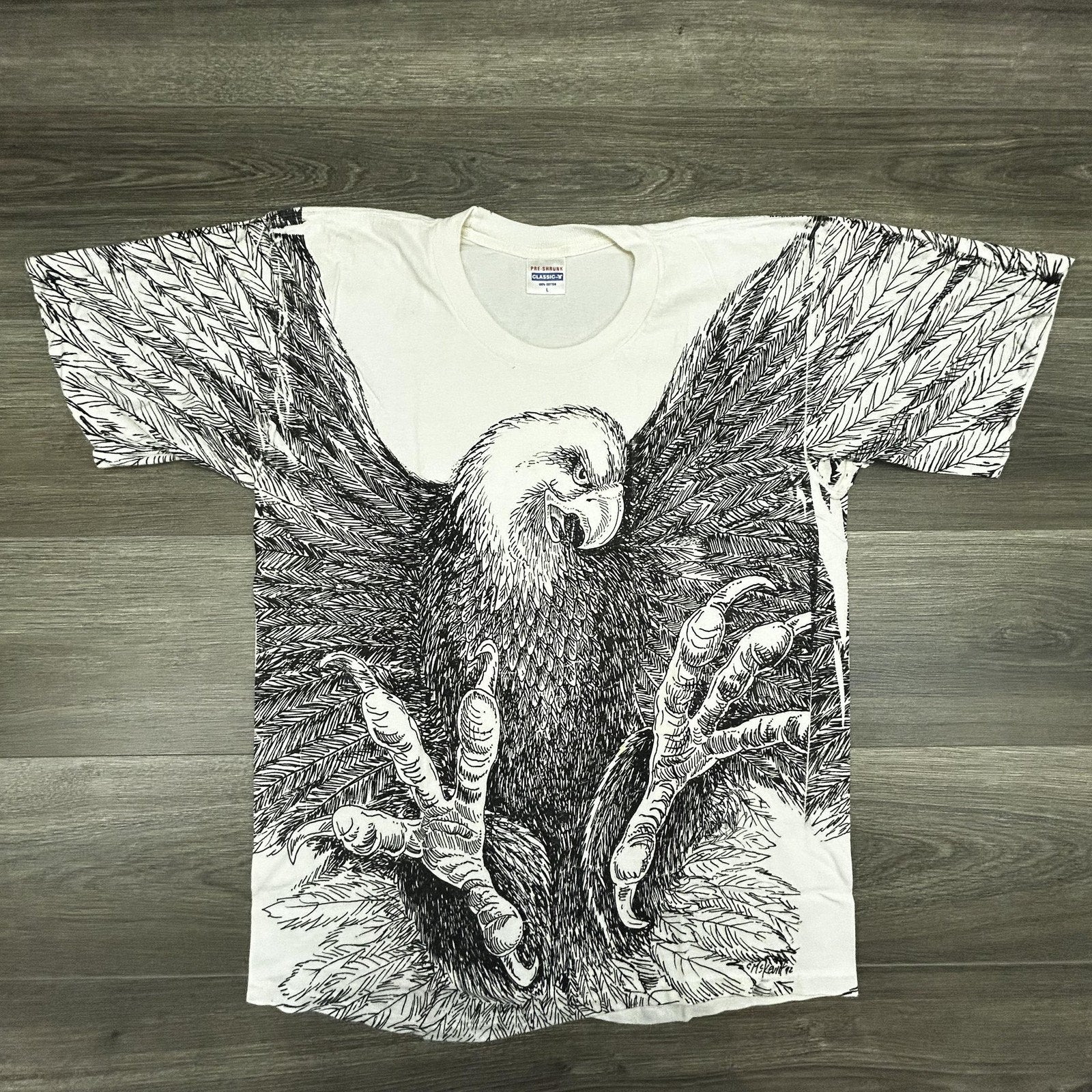 Vintage 90s Bald Eagle Shirt Mens Large White AOP Single Stitch Made USA 1992
