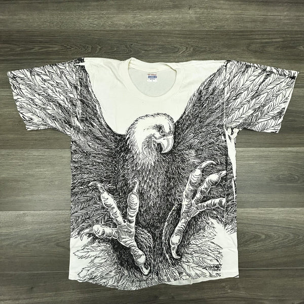 Vintage 90s Bald Eagle Shirt Mens Large White AOP Single Stitch Made USA 1992