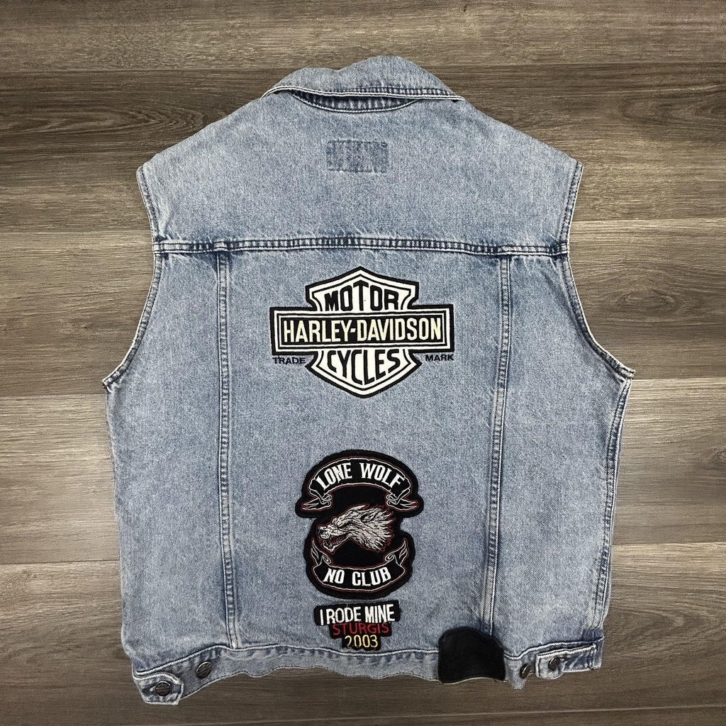 Vintage Harley-Davidson Vest Mens Medium Blue Denim Biker Patches Sturgis Y2K