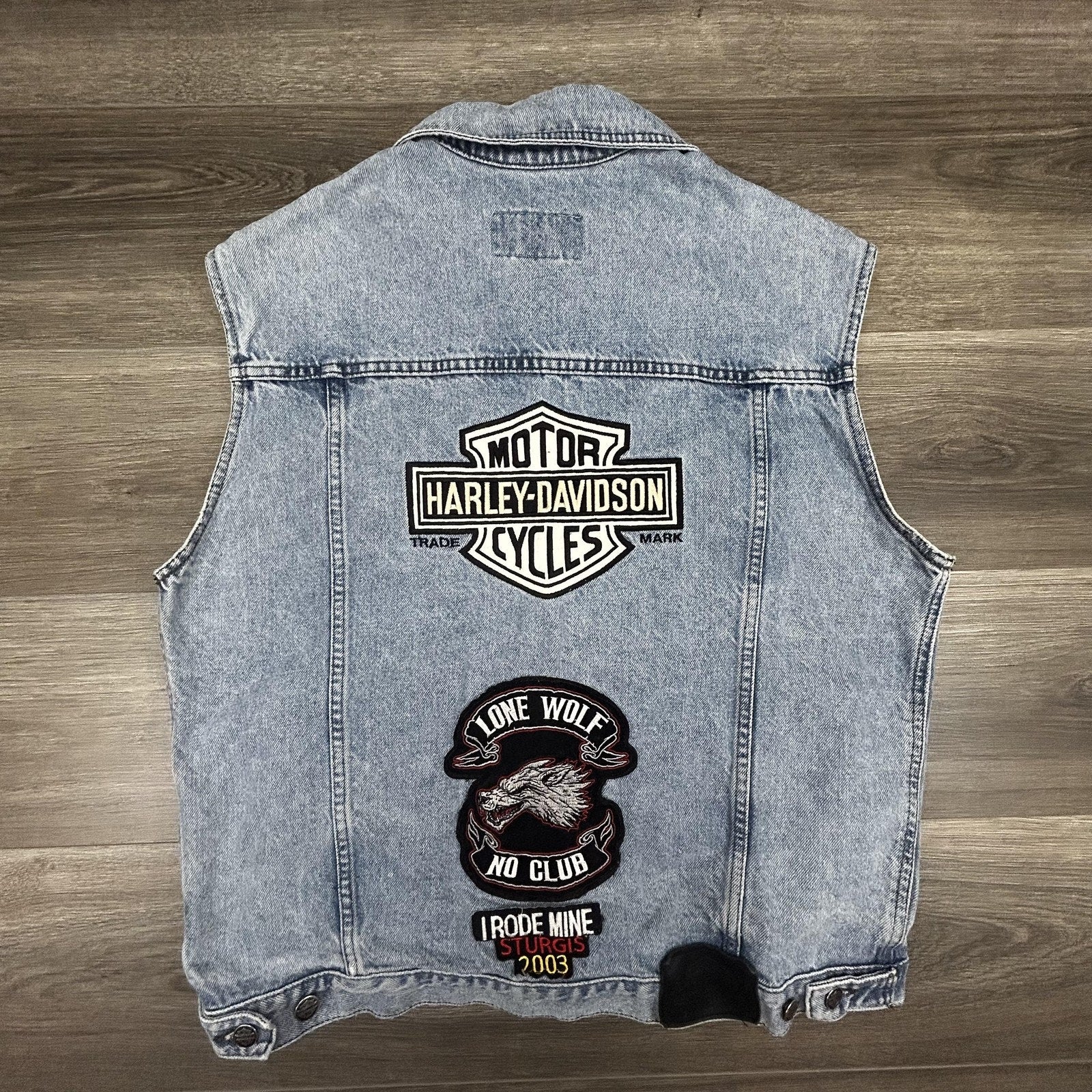 Vintage Harley-Davidson Vest Mens Medium Blue Denim Biker Patches Sturgis Y2K